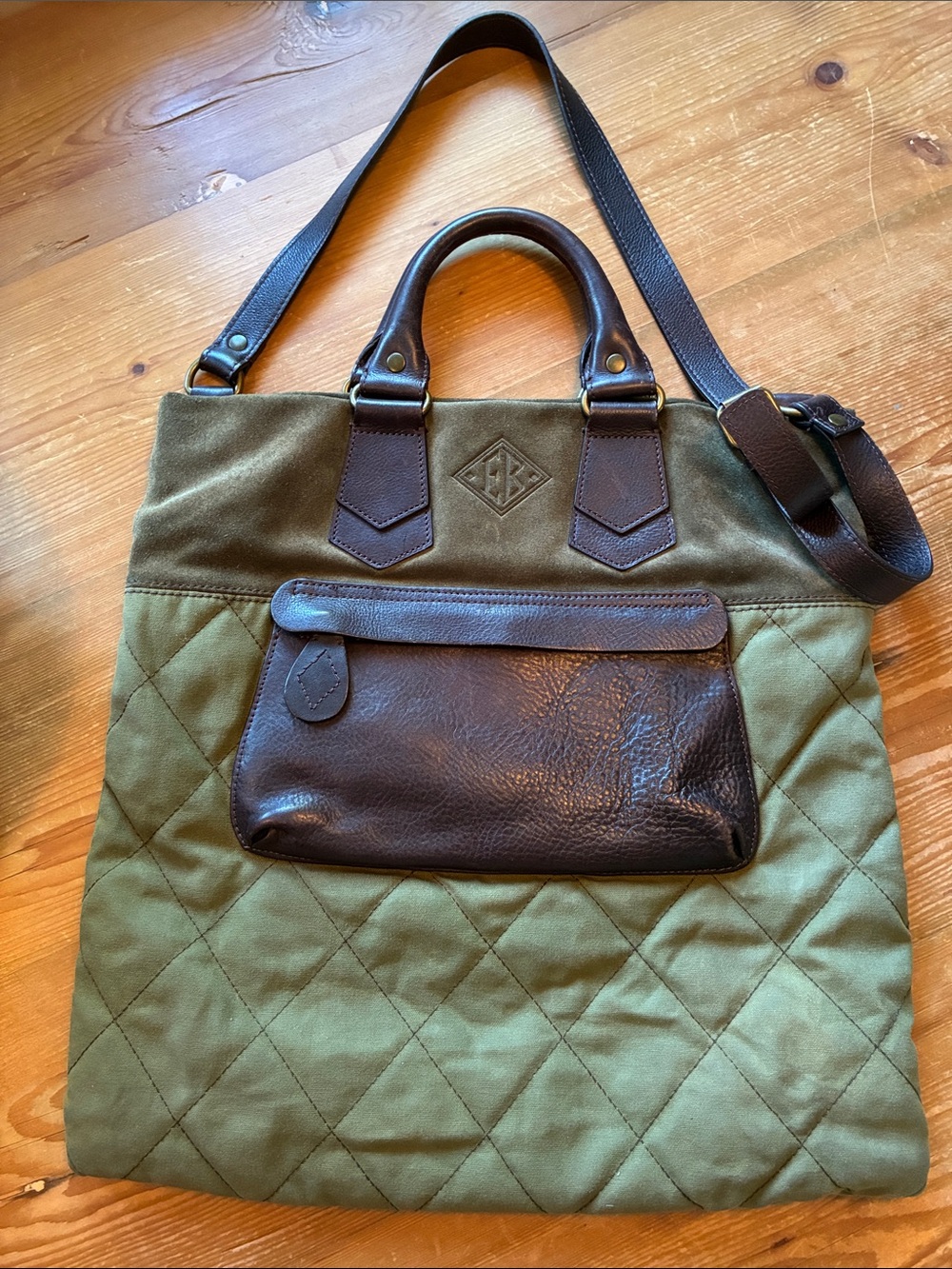 Eddie Bauer Quilted Canvas, Suede & Brown Leather Top Handle Crossbody Tote Bag